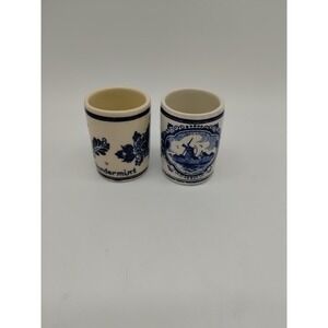 Vintage Blue Delft Hand Painted Holland Windmills Shot Glass Pair Toothpicks